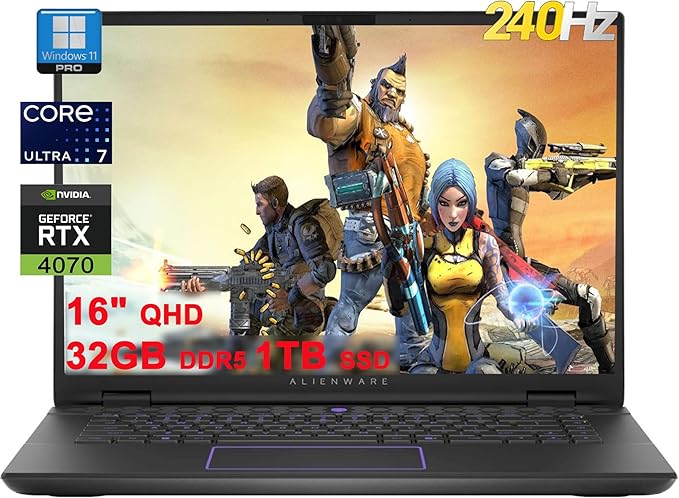 DELL Alienware M16 R2 Gaming AI PC Laptop | 16" QHD 240Hz 100% 3ms | Intel 16-Core Ultra 7 155H | 32GB DDR5 1TB SSD | GeForce RTX 4070 8GB Graphic | RGB Backlit Thunderbolt FHD IR Camera Win11Pro Grey
