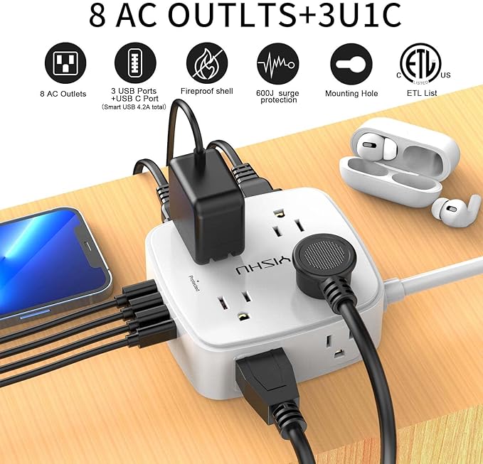 6 Ft Surge Protector Power Strip with 8 Outlets and 4 USB Ports