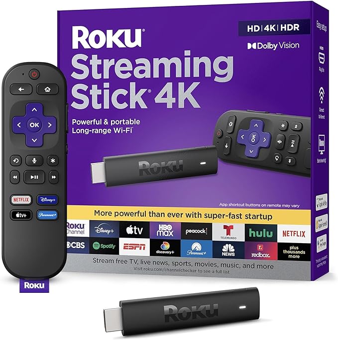 Roku Streaming Stick 4K | Portable Roku Streaming Device 4K/HDR/Dolby Vision with Voice Remote, Free & Live TV